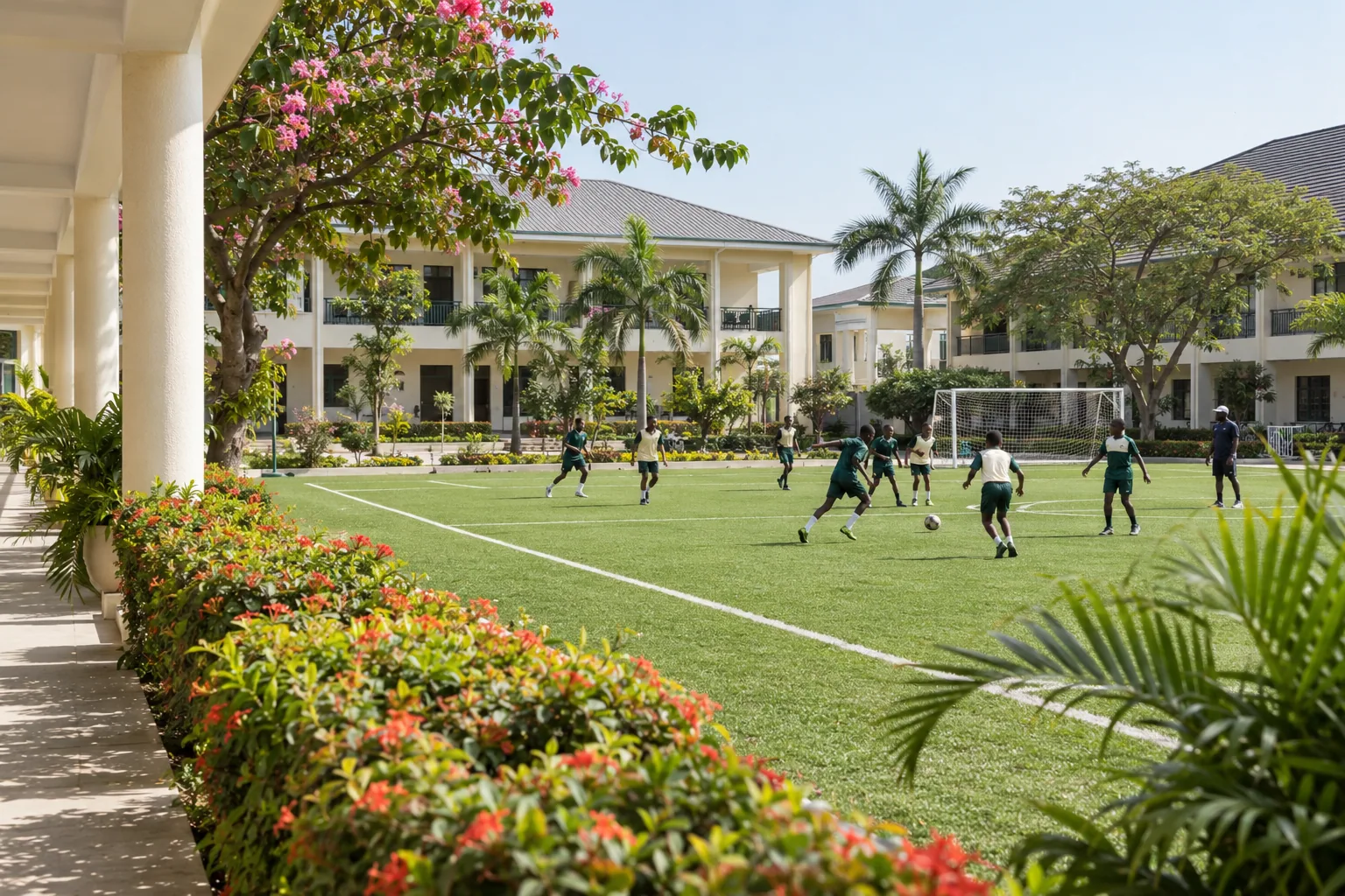 Synthetic illustration of a school campus and sports activity